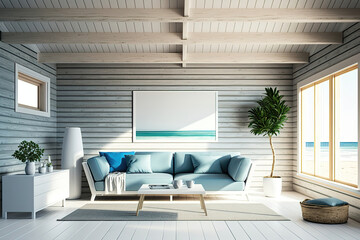 luxury ocean beach house apartment suite lounge living room, generative ai - obrazy, fototapety, plakaty
