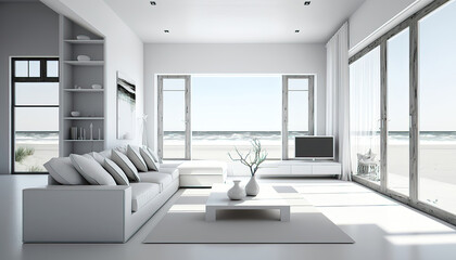 Fototapeta na wymiar luxury ocean beach house apartment suite lounge living room, generative ai