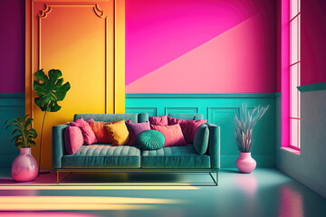 Obraz na płótnie Canvas modern colorful contemporary living room with sofa and bright vivid walls, generative ai