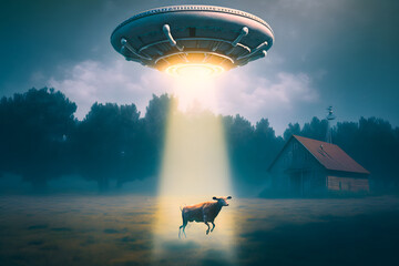View rural landscape with cows and UFO. The concept of nightly abduction of living beings by aliens of other civilizations. Generative AI - obrazy, fototapety, plakaty