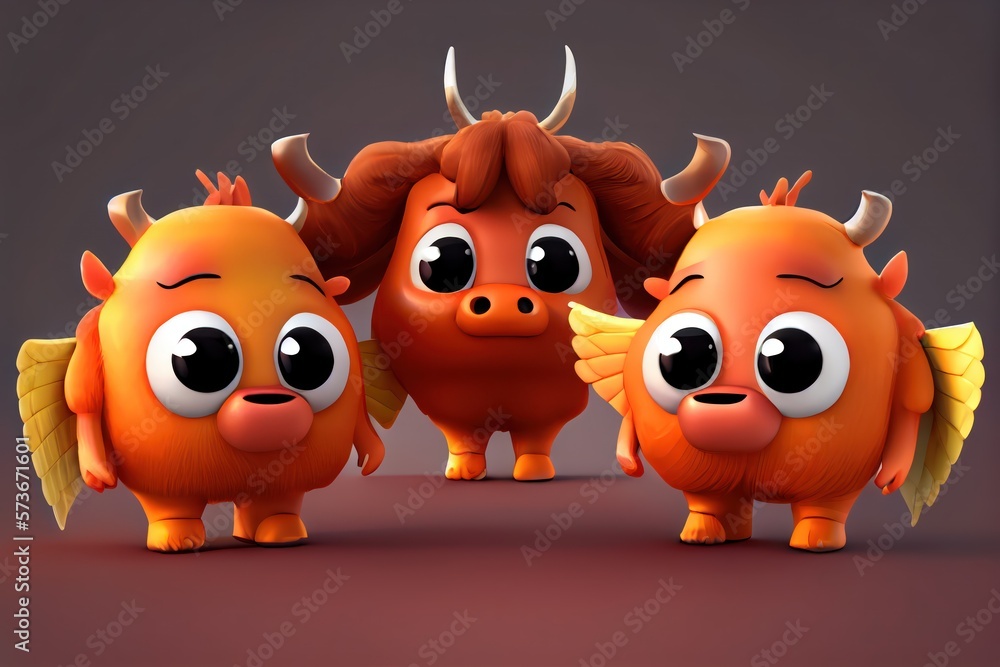 Wall mural Cute Cartoon Buffalo Wings Characters 3D Illustration. Created with Generative AI Technology