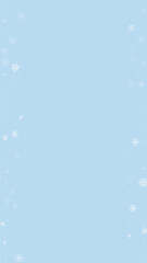 Snowfall overlay christmas background. Subtle flying snow flakes and stars on light blue winter backdrop. Festive snowfall overlay. Vertical vector illustration.
