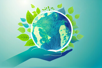 Umwelt- Konzept zum Tag der Erde: Menschliche Hände, halten die Erde vor einem grünen und ökologisch nachhaltigen Hintergrund, Vektor Illustration - Generative Ai - obrazy, fototapety, plakaty