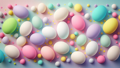 Composition of multicolored Easter eggs. Pastel calm colors. Holiday background. Generated by artificial intelligence. Generative AI.