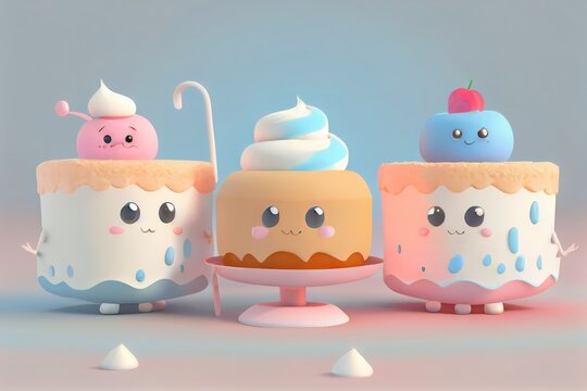 Cute Cartoon Cheesecake Characters 3D Illustration. Created with Generative AI Technology