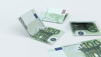 Obraz na płótnie Canvas Money folded on top of a white table. 100 euro. Europe euro. 3d rendering.