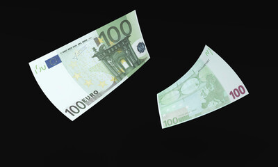 Two banknotes of 100 euro flying on black background. Europe euro. 3d rendering.