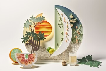 A Chinese, Japanese, or Korean Inspired Setting for Featuring Your Latest Asian Styled Product. Festive Paper Cut Moon, Watercolor Glass Screen, and Beauty and Food Products as Decorations. Generative
