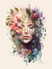 An elegant girl in a dress made of flowers. Spring bloom and style. Love. Generative art.