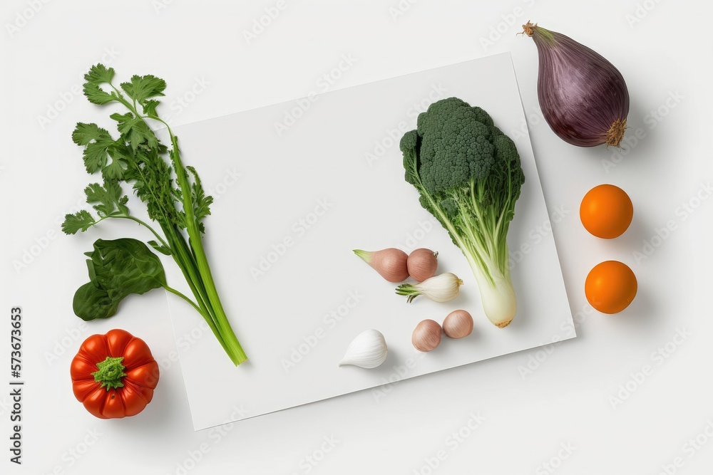 Poster picture a flat lay of a blank card and some crisp, new vegetables on a white background. a void for 
