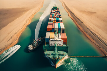 Fototapeta premium Accident crash Container cargo ship in transportation canal, aerial top view. Concept Global problem with marine traffic. Generation AI