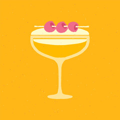 Cocktail dessert glass. Alcohol drink with raspberry and juice. Orange for bar and event. Flat vector illustration with texture. Simple retro alcohol drink poster
