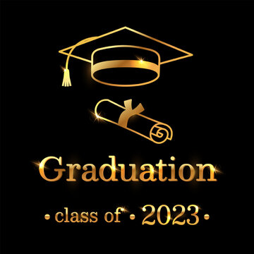 Celebrate the graduate's achievement with this elegant black card featuring a golden graduation cap, certificate, and heartfelt message. Vector illustration.