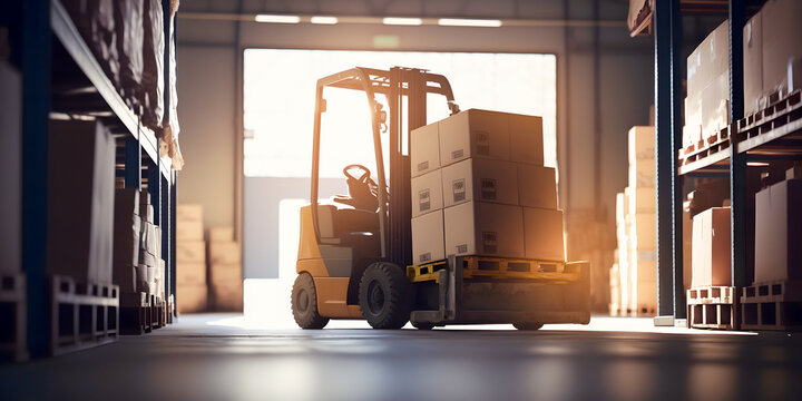 Forklift with box working in Warehouse industrial premises for storing materials and wood. Concept banner center of logistic storage. Generation AI