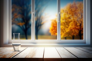 Blurred window with an autumn landscape serves as the table's background, and the table's free surface is ready for your decorations. Generative AI