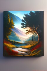 Oil painting artistic image of picturesque landscape with cardboard in center photo-realistic - generative ai