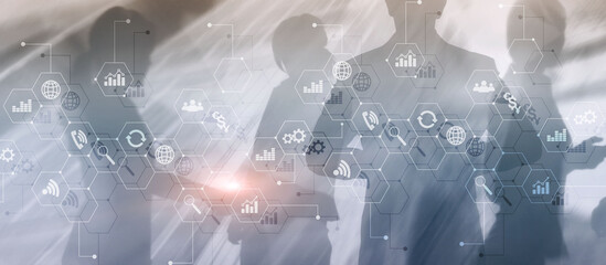 Diagrams and icons on hologram screen. Background with silhouettes