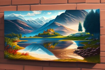 Oil painting artistic image of picturesque landscape with cardboard in center photo-realistic - generative ai