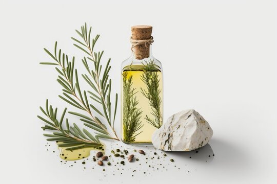 Healthy food concept organic olive oil with fresh rosemary and ground pepper on a white stone background with room for copy. Generative AI