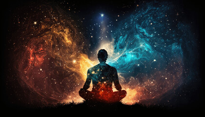 A person sits in meditation, their mind a canvas for a resplendent galaxy that shines brilliantly, representing the vast and limitless nature of our inner cosmos. Generative AI