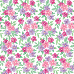 Seamless floral pattern, cute ditsy print with watercolor spring botany. Delicate botanical design with small hand drawn plants: flowers, leaves in bouquets on a white background. Vector illustration.