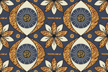 Seamless pattern with eyeballs and flowers in retro style. Mystical background with a decorative pattern of open eyes. Trendy surface design with a surreal 70s motif. Vector illustration.