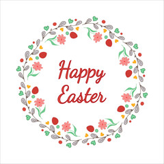 Easter wreath. Willow buds, flowers, heart, eggs. Doodle vector illustration. Happy Easter lettering