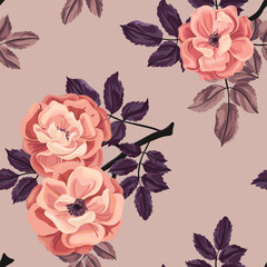 Seamless floral pattern, elegant vintage flower print with wild rose. Beautiful botanical design with large hand drawn flowers, leaves on a branch. Watercolor imitation. Vector illustration.