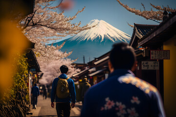 Walking in the park with blooming pink sakura along the street, the villagers of japan in the distance against the backdrop of Mount Fuji volcano. Generative AI - obrazy, fototapety, plakaty