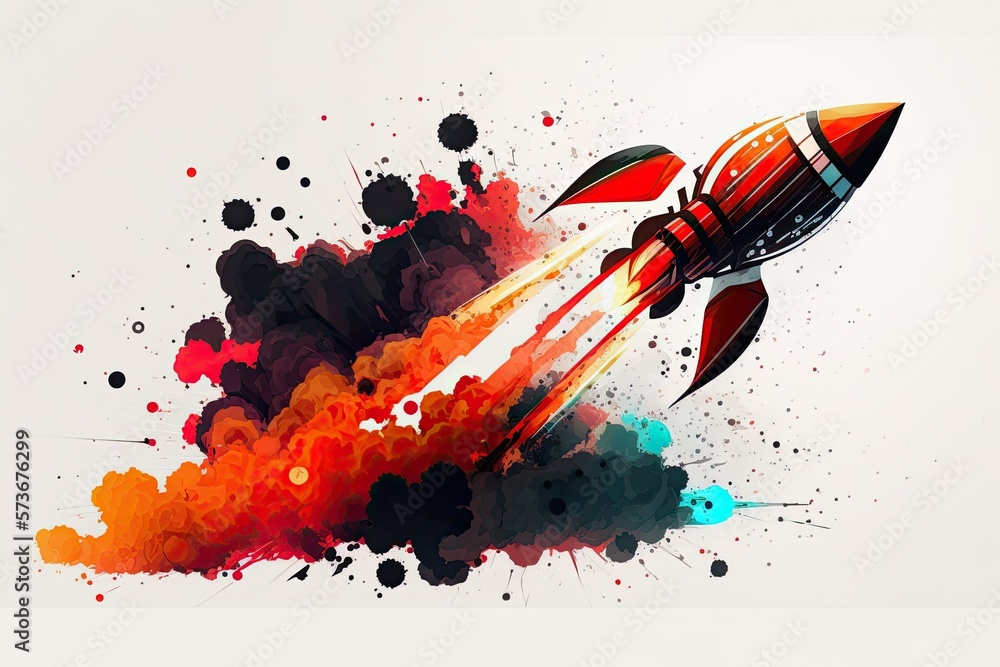 Poster a rocket on a white background, with an abstract design, representing the idea of a developer and a 