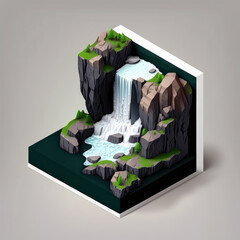majestic waterfall cascading down a rocky cliff, isometric low poly view AI generation.