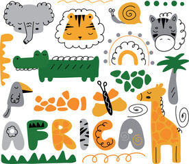 Set of animals . Set of cute wild animals. Animals of Africa: Zebra, tiger, butterfly, elephant, toucan, snail, crocodile (alligator), giraffe.
Set of cute animals elements in cartoon style. 