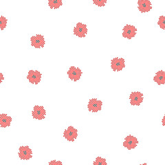 Seamless stitch cross patterns with red poppies on white background. Embroidery style drawn floral repeating print, vector eps 10