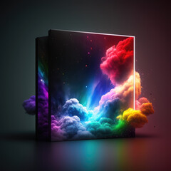 rainbow of colors and a sky of stars background for cosmetic products, mock up pedestal. AI generation.