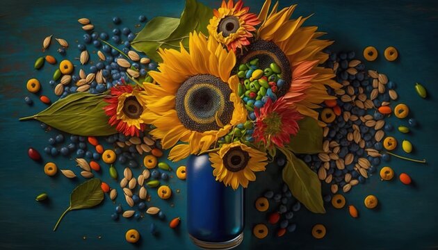  a painting of sunflowers in a blue vase surrounded by beans.  generative ai