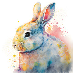 Watercolor colorful Easter bunny in pastel tones, spring art. Realistic wild animal illustration. Created with Generative AI technology.