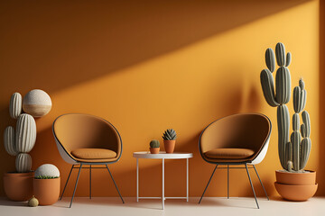 Modern cozy living room with monochrome burnt orange wall. Contemporary interior design with trendy earth tones wall color, chair, table and cactus. Generative AI. - obrazy, fototapety, plakaty
