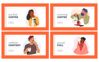 Tired Sleepy People Needing Coffee Landing Page Template Set. Drowsy Characters In Need Of A Caffeine Fix