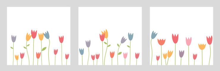 Nature background with blooming tulips. Floral poster vector illustration. Set of spring flowers. 