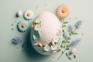 Easter illustration with floral egg composition, flowers and leaves. Spring card in plasticine style in neutral pastel colors on light background. Generative AI.