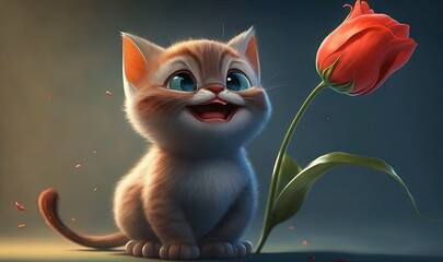  a cartoon cat with a flower in its mouth and a blue background.  generative ai
