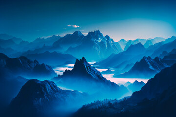 Fototapeta na wymiar Foggy mountain landscape with a blue hue. Created with Generative AI technology.