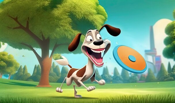  a cartoon dog running with a frisbee in his mouth.  generative ai