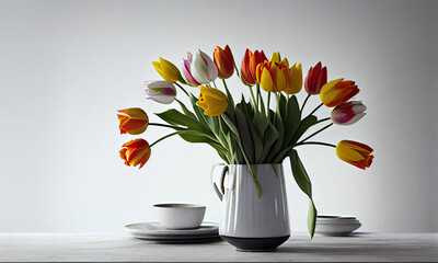 Bouquet of tulips on the table, light interior, spring mood, generative AI