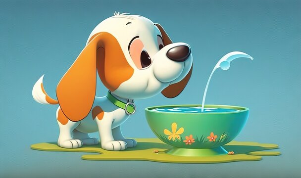  A Cartoon Dog Drinking Water Out Of A Bowl With A Sprinkle.  Generative Ai