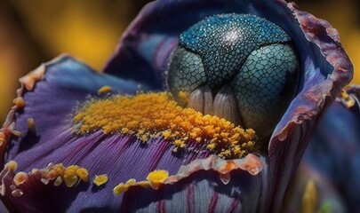  a close up of a purple flower with yellow stamen.  generative ai