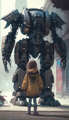 Naklejka premium A Little Girl Standing Before a Giant Robot Generative AI