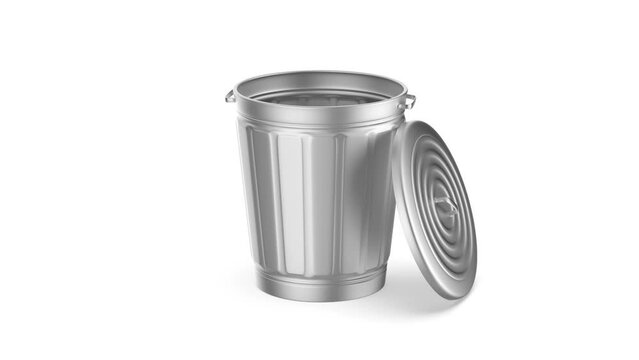 Empty metal bin with lid on white background