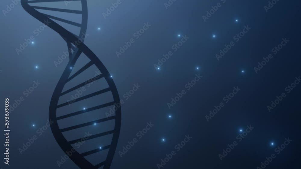 Poster 3d looping dna chain rotation on dark blue light animation background.