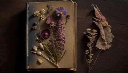  a book with dried flowers on top of it next to a dead flower.  generative ai